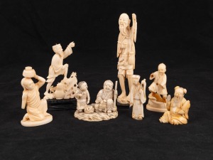 Seven assorted Chinese, Japanese and Indian carved ivory figures, A/F, the largest 15cm high