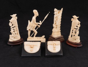 An African carved ivory tribal figure; together with a pair of African carved ivory face masks mounted on ebony bases and three assorted South East Asian carved bone ornaments, A/F, 20th century, (6 items), the largest 13cm high
