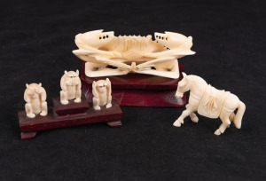 A Japanese carved ivory crab figure on timber stand, A/F; together with a carved ivory set of three wise monkeys on timber stand and a Chinese carved ivory horse, early to mid 20th century, the crab 10cm wide