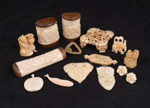 Assorted carved ivory ornaments, jewellery, statuettes, bar implements, etc., 19th and 20th century, (13 items), the 16cm long