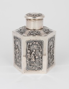 An antique English sterling silver hexagonal tea caddy adorned with repousse vignettes and engraved ownership monogram dated 1892, 12cm high, 209 grams