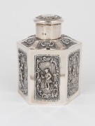 An antique English sterling silver hexagonal tea caddy adorned with repousse vignettes and engraved ownership monogram dated 1892, 12cm high, 209 grams - 2