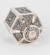 An antique English sterling silver hexagonal tea caddy adorned with repousse vignettes and engraved ownership monogram dated 1892, 12cm high, 209 grams - 3