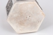 An antique English sterling silver hexagonal tea caddy adorned with repousse vignettes and engraved ownership monogram dated 1892, 12cm high, 209 grams - 4