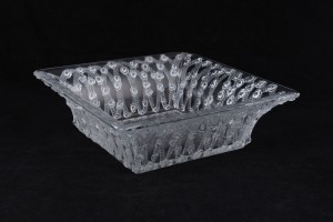 LALIQUE "Roses" French art glass square form bowl, engraved "Lalique, France", 8cm high, 24.5cm wide