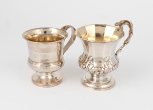 A Georgian sterling silver christening mug; together with an antique English sterling silver christening mug with lizard handle, 18th/19th century, (2 items), 8cm and 9.5cm high, 212 grams total