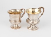 A Georgian sterling silver christening mug; together with an antique English sterling silver christening mug with lizard handle, 18th/19th century, (2 items), 8cm and 9.5cm high, 212 grams total