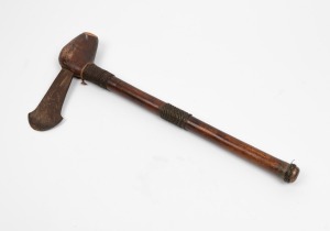 A tribal axe, carved wood with woven copper, brass and steel blade, African origin, 19th/20th century, 50cm high