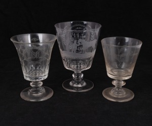 Three antique ale glasses all with engraved ownership details and decoration, 18th/19th century, the largest 16cm high