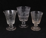 Three antique ale glasses all with engraved ownership details and decoration, 18th/19th century, the largest 16cm high