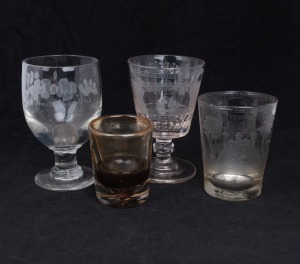 An antique novelty tumbler glass; together with an antique English ale tumbler with engraved scene of fisherman and the Tower of London and two antique rummers (one engraved with Sunderland Bridge and the other engraved "Mollie"), A/F, 18th/19th century, (4 items), the largest 16cm high
