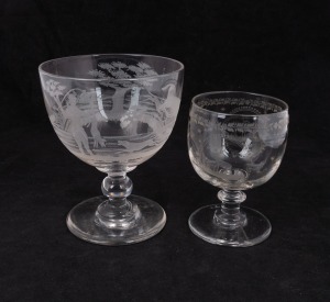 Two antique engraved glass rummers, the larger decorated with fox hunting scene and the other with stag and bird cartouche, 19th century, 13cm and 16cm high