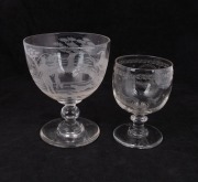 Two antique engraved glass rummers, the larger decorated with fox hunting scene and the other with stag and bird cartouche, 19th century, 13cm and 16cm high