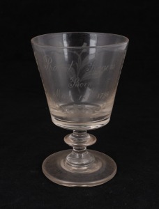 An antique glass engraved "Robert Rogers, Born May 18th 1798", 13.5cm high