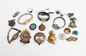 Four assorted vintage wristwatches, assorted badges and pins, 9ct gold ring, antique gold and opal stick pin, marcasite jewellery and silver ring, (qty)