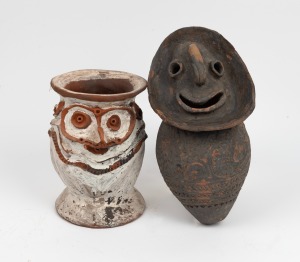 Papua New Guinea pottery vessel with painted finish together with a pottery spirit figure,&nbsp; ​​​​​​​32cm and 26cm high&nbsp;