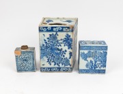 Antique Chinese blue and white square form jar, together with two headrest pillows,&nbsp;Qing Dynasty, the largest is 24cm wide