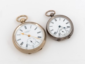 Two antique pocket watches, one Swiss made silver plated example with enamel dial, Roman numerals and subsidiary seconds retailed by A. Roberts & Co. of London; the other a French 800 silver example with enamel dial, early 20th century, the larger 5.3cm diameter.