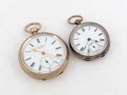 Two antique pocket watches, one Swiss made silver plated example with enamel dial, Roman numerals and&nbsp;subsidiary seconds retailed by A. Roberts & Co. of London; the other a French 800 silver example with enamel dial, early 20th century, the larger 5.3cm d