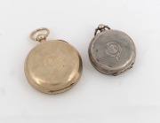 Two antique pocket watches, one Swiss made silver plated example with enamel dial, Roman numerals and&nbsp;subsidiary seconds retailed by A. Roberts & Co. of London; the other a French 800 silver example with enamel dial, early 20th century, the larger 5.3cm d - 2