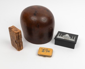 Antique timber hat block, antique ivorine purse, Indian stone trinket box and a pair of pocket prayer books in slip case, (4 items)
