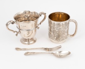 82 · A sterling silver mug with engraved decoration, together with a sterling silver two handled cup, and a sterling silver fork and spoon, (4 items), ​​​​​​​299 grams total.