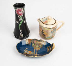 ROYAL DOULTON porcelain teapot, CARTON WARE Bleu Royale porcelain dish, and a SHELLEY black porcelain vase with floral decoration, (3 items), the largest 22cm high