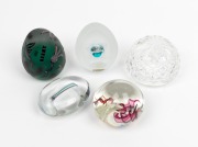Five assorted glass paperweights, including KOSTA BODA, RIKARO and cut crystal, 20th century, the largest 8cm high.