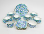 ROYAL DOULTON 21 piece blue floral porcelain tea set, circa 1920, green factory mark to base "ROYAL DOULTON, ENGLAND", ​​​​​​​the cake plate 24cm wide.