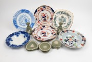 WEDGWOOD sage green jasper ware vases, dishes and trinket box; together with an assortment of antique English porcelain plates, bowls and dishes, 19th/20th century, (15 items), the vases 12.5cm high