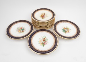 ROYAL WORCESTER antique English porcelain hand-painted dessert service comprising of three comports and twelve plates, each adorned with floral vignettes, Royal Worcester puce factory mark and Henry Greene & Son, London, retailer's mark to base, the comports 24.5cm diameter