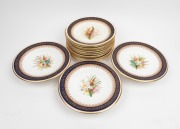 ROYAL WORCESTER&nbsp;antique English porcelain hand-painted dessert service comprising of three comports and twelve plates, each adorned with floral vignettes, Royal Worcester puce factory mark and Henry Greene & Son, London, retailer's mark to base, the compo