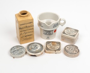 Antique advertising pot lids, jar and jug, 19th century, (7 items), ​​​​​​​the largest 13.5cm high