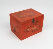 An antique Chinese tea caddy with hand-painted red lacquered finish, interior fitted with original tin, 19th century, 19cm high, 27cm wide, 20cm deep
