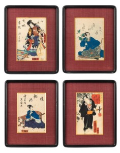 UTAGAWA KUNISADA (1786-1865)&nbsp;set of four antique Japanese woodblock prints of samurai, Edo&nbsp;Period, early to mid 19th century, 17 x 12cm, 27 x 22cm each overall