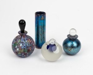 ISLE OF WIGHT English iridescent art glass vase and perfume bottle; together with a millefiori scent bottle and a faceted blue sommerso scent bottle by MICHAEL HOOK, (4 items), the largest 13cm high