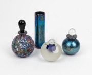 ISLE OF WIGHT English iridescent art glass vase and perfume bottle; together with a millefiori&nbsp;scent bottle and a faceted blue sommerso scent bottle by MICHAEL HOOK, (4 items), the largest 13cm high
