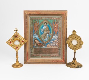 A framed religious icon picture; together with two gilt metal reliquaries, (3 items), the frame 28 x 23cm overall