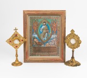 A framed religious icon picture; together with two gilt metal reliquaries, (3 items), the frame 28 x 23cm overall