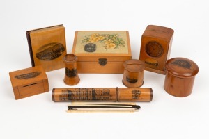 MAUCHLINE WARE group of boxes, photo album, etc, 19th century, the largest 23cm wide.
