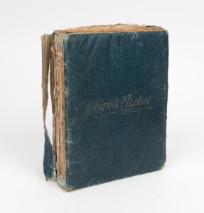 A vintage "Writing Album" with written, painted and drawn entries, dated from circa 1898 to 1914, and accompanied by several tipped-in photographs and sketches, many in the style of then-popular artists. The autograph collector, Theodora Brodie Smith (and