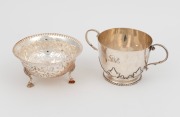 An antique English sterling silver bowl and two handled cup, 19th/20th century, ​​​​​​​the larger 8cm high, 348 grams total.
