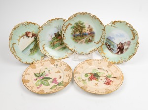 M. SIMPSON set of four and a pair of antique porcelain cabinet plates, each with additional hand-painted scenes and floral vignettes, all signed "M. Simpson", dated 1908 and 1909, the largest 21cm diameter