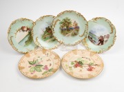 M. SIMPSON set of four and a pair of antique porcelain cabinet plates, each with additional hand-painted scenes and floral vignettes, all signed "M. Simpson", dated 1908 and 1909, the largest 21cm diameter
