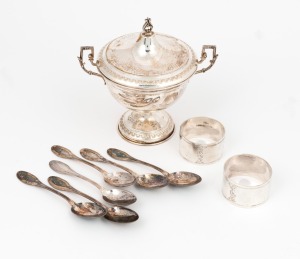 A pair of sterling silver napkin rings, together with a Continental silver lidded urn and a set of six Continental 800 silver teaspoons, 20th century, (9 items), 197 grams total.
