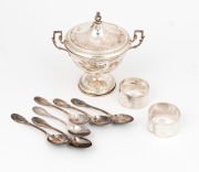 A pair of sterling silver napkin rings, together with&nbsp;a Continental silver lidded urn and a set of six Continental 800 silver teaspoons, 20th century, (9 items), 197 grams total.