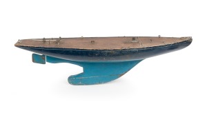 A vintage blue painted timber pond yacht hull, 20th century, 91cm long