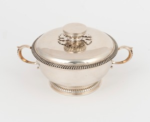 An English sterling silver two handled lidded bowl with gadrooned decoration, made in London, 20th century, 8cm high, 16cm wide, 345 grams