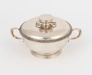 An English sterling silver two handled lidded bowl with gadrooned decoration, made in London, 20th century, 8cm high, 16cm wide, 345 grams