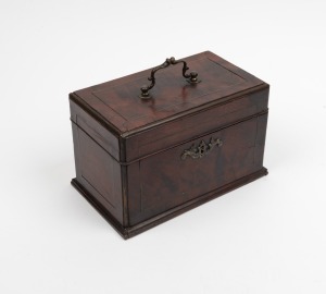 182 · A Georgian mahogany box fitted with three compartments, original swing handle and escutcheon, 18th century, ​​​​​​​20cm high, 24cm wide, 14cm deep